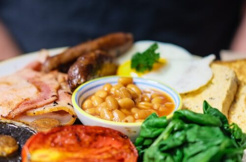 food photography of grilled foods with beans