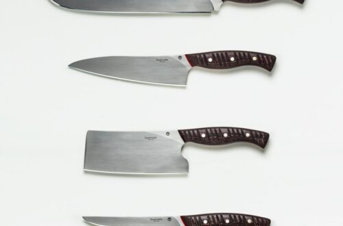 red and silver kitchen knife